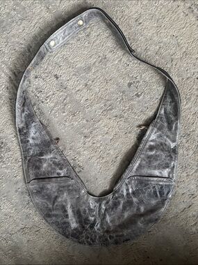 Sash Distressed Gray leather Crescent Shoulder Bag with Wide Strap